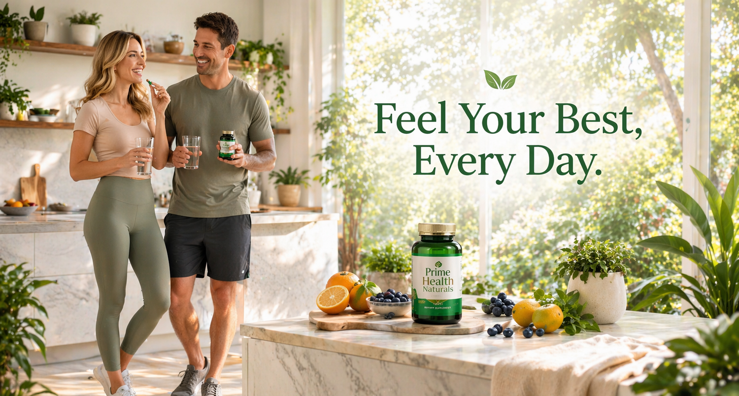 Man and woman in a kitchen with a bottle of Prime Health supplements on a counter.